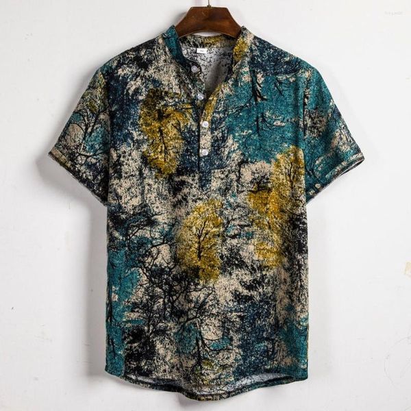 T-shirts pour hommes mode d'été hommes chemise hawaïenne boutons imprimés coton lin manches courtes plage t-shirts hauts Streetwear Chic vacances Camisa