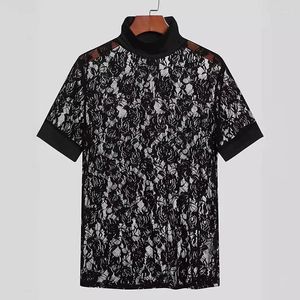 Heren T-shirts Zomer Mode Mesh Tops Mannen Sexy See Through Bloemen Borduren Kant T-shirts Heren Vintage Coltrui Korte Mouw Slim