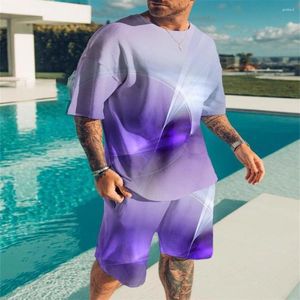 T-Shirt à manches courtes pour hommes, ensemble 2 pièces respirant, à la mode, imprimé violet, décontracté, Short, costume de sport, Streetwear