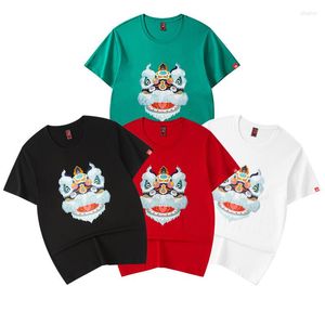 T-shirts pour hommes Mode d'été à manches courtes Style chinois Travail lourd Réveil Lion Broderie Marée nationale Lâche Col rond Coton -shirt