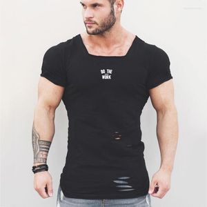 Heren t shirts zomer fitness kleding compressie shirt heren gescheurd gat t-shirts heren slanke fit T-stukken heren hiphop gyms strak t-shirt