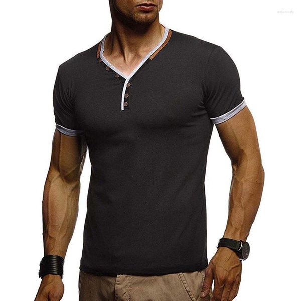 Hommes t-shirts été Fitness col en v T-shirt cou bouton épissage mâle haute rue élégant hommes haut vêtements homme