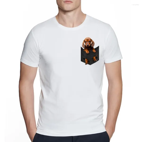 Camisetas para hombres Summer Men Funny Manga Dachshund en mi bolsillo Camiseta de impresión Moda Blanca Tops casual Hip Hop Diseño de perro Cool Boy Tee