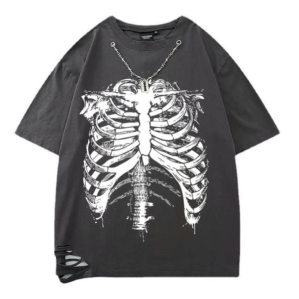 T-shirts pour hommes T-shirts à imprimé squelette gothique d'été avec trou de chaîne T-shirt décontracté en coton pour hommes T-shirts respirants unisexe Streetwear Y2K Vêtements 230701