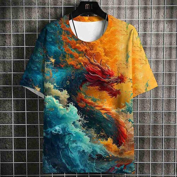 Camisetas para hombres Verano Guapo T -Camisa para hombres Dragón chino Impresión 3D Harajuku Ropa Casual Short Slve Tops de gran tamaño para hombre T Shirt Y240314