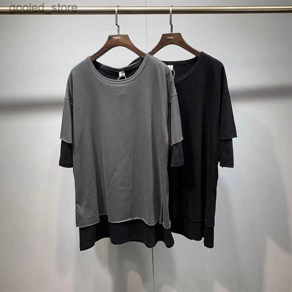 Camisetas para hombres Verano Harajuku suelto Diseño de costura de dos piezas Camiseta de manga 5 para hombre Camiseta de encaje simple retro japonés Moda Q240316