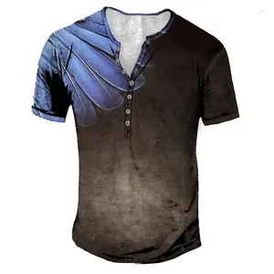Mannen T-shirts Zomer Henley Wing 3D Print Streetwear Fashion Vintage Korte Mouw Button-Down Shirt Man Mannelijke tees Tops Kleding