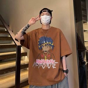 Mannen T-shirts Zomer hiphop vuile gevlochten cartoon print korte mouwen T-shirt mannen puur katoen losse ins tij merk casualyolq