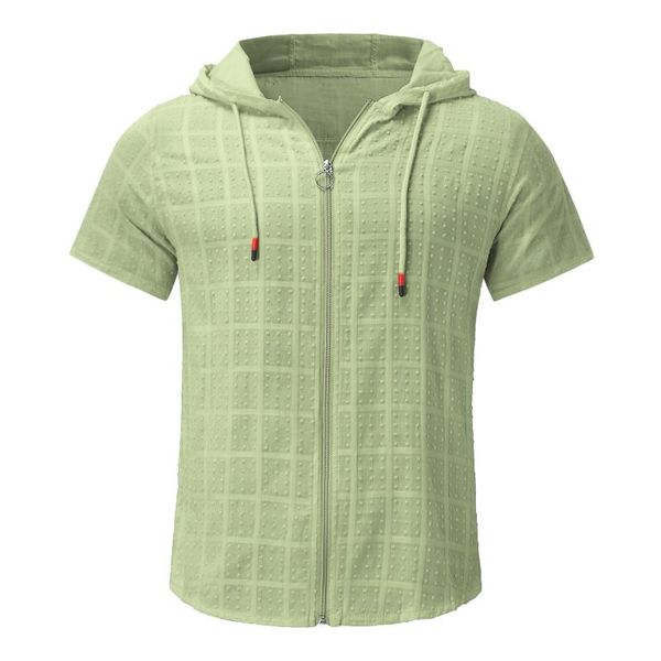 T-Shirts pour hommes T-Shirt à carreaux à capuche d'été décontracté confortable vert à manches courtes fermeture éclair sweats à capuche Blouse solide cordon hauts
