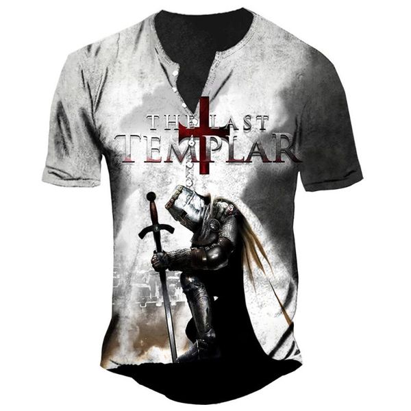 T-shirts pour hommes Summer Imitation Coton V Col Bouton T-shirts pour hommes Streetwear Knights Templar 3D Imprimer Lâche Manches courtes Surdimensionné T-shi