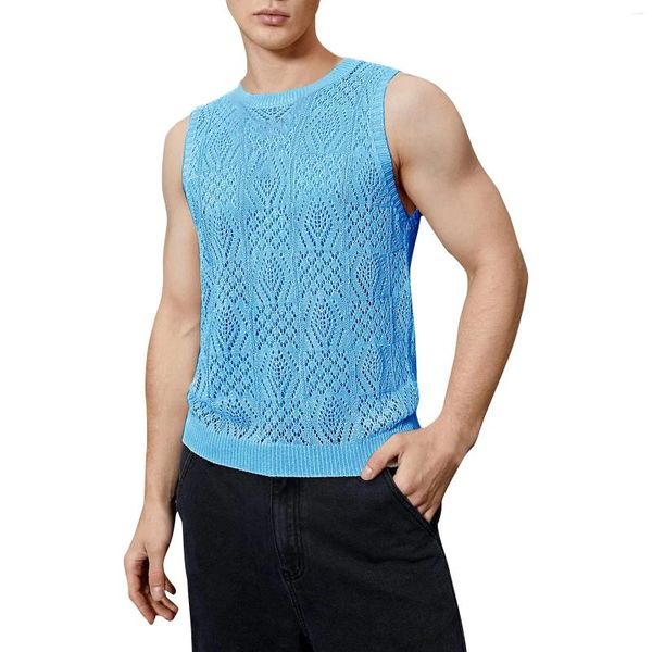 T-shirts masculins été tricot creux en respirant gilet rond