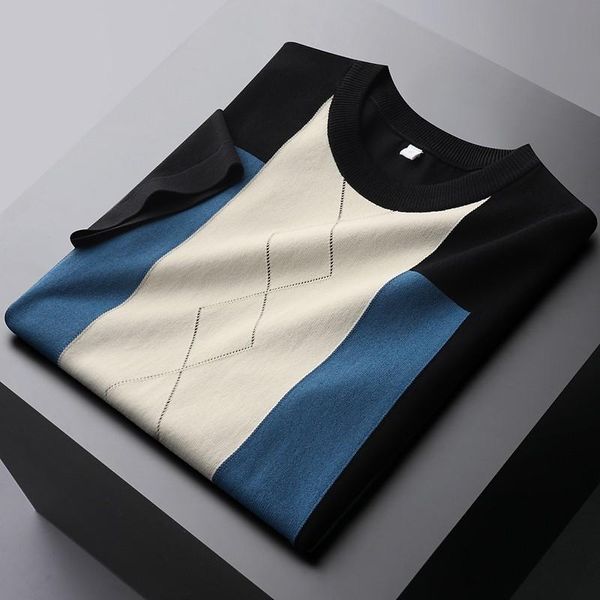 Hommes t-shirts été tricoté homme luxe à manches courtes glace soie décontracté hommes mode Slim Fit contraste couleur homme TeeMen's