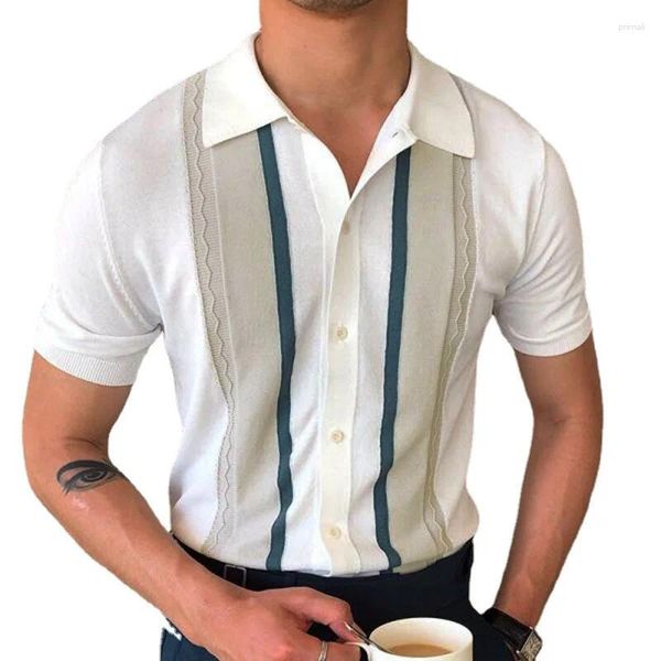 Camisetas de hombre de verano tejidas con jersey de solapa y polo informal a rayas