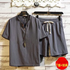 Camisetas para hombre, camiseta de algodón y lino de verano, conjunto para hombre, ropa deportiva de manga corta de estilo chino, pantalones, conjuntos de 2 piezas, chándal para hombre, traje sólido 230313