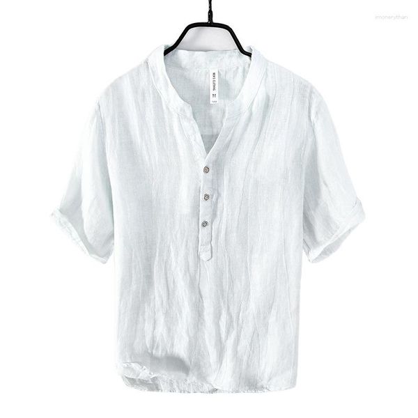 Camisetas de verano de lino para hombre, camiseta informal de manga corta con cuello levantado, camiseta China-Chic Vintage fina transpirable con cuello en V grande