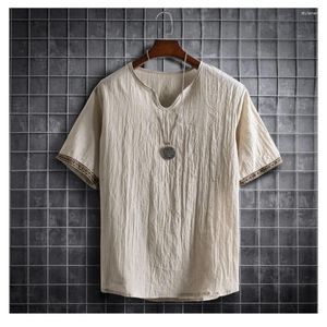 Camisetas para hombre, camiseta de lino holgada de verano, camisa con cuello en V de manga corta de algodón con botones de estilo chino para hombre