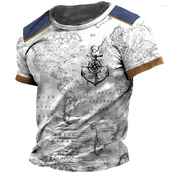 T-shirts pour hommes Summer Map Anchor Print Hommes Vintage Crew Neck Loose Short Sleeve Male Tops Casual Sports Hommes Vêtements Grande Taille 6XL