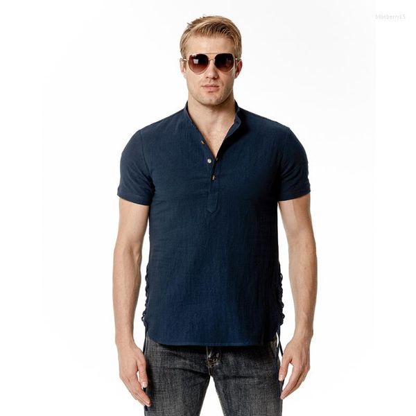 Camisetas de verano para hombre, camisa de lino para hombre, Color sólido, informal para la playa, para uso diario, ropa transpirable con cuello en V, Top ajustado en 4 colores para