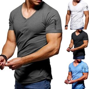 T-shirts pour hommes Chemise d'été pour hommes Mode Couleur unie Fermeture à glissière Col en V sans capuche Casual Manches courtes