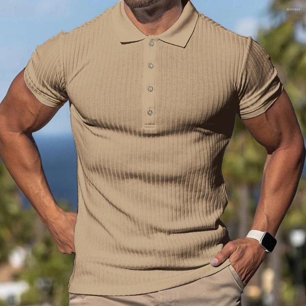 Camisetas de verano para hombre, polo de punto ajustado de manga corta con tira Vertical de alta elasticidad para deportes de hombre