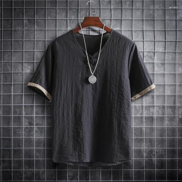 Camisetas para hombre, camisetas de lino y algodón de verano para hombre, camiseta de manga corta a la moda coreana de Color sólido, ropa para hombre de talla grande 5XL