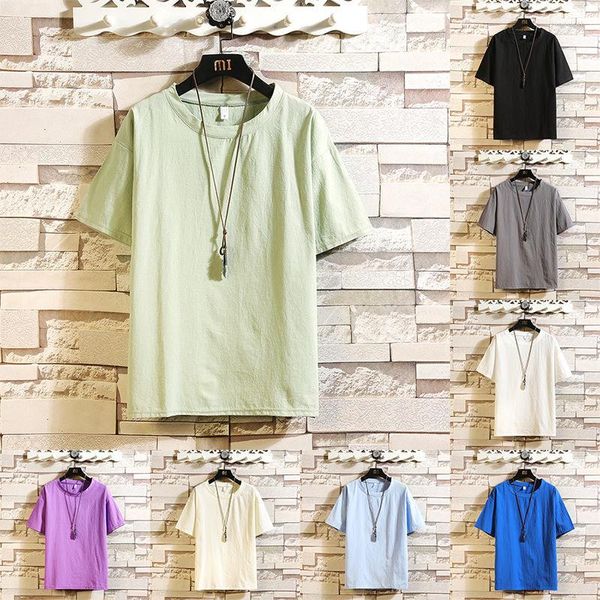 Camisetas de verano para hombre, camisa de algodón de lino, manga corta, cuello redondo, transpirable, suave, suelta, fina, blanca, talla asiática, M-5XL X62