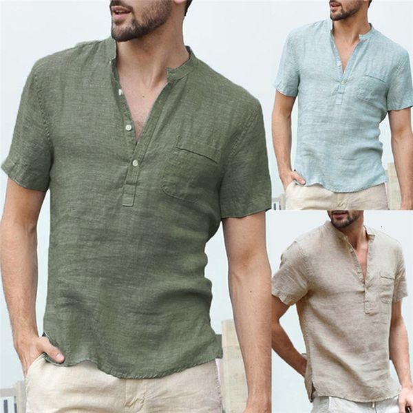 T-shirts pour hommes T-shirt en lin de lin pour hommes d'été T-shirts boutonnés à col en V décontracté Slim Fit coton lin à manches courtes haut basique 230413