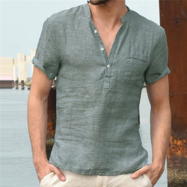 T-shirts pour hommes T-shirt en lin d'été pour hommes T-shirts décontractés à col en V T-shirts boutonnés coupe ajustée en lin de coton à manches courtes Top de base 230421