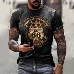 T-shirts masculins Été T-shirts Vintage Short Slve America Route 66 Lettre 3D Fashion imprimée O Col T-shirts surdimensionnés Tops Homme Vêtements T240505