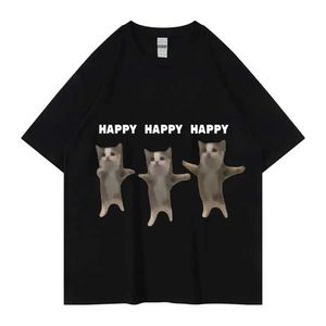 Heren t-shirts Summer Men Women katoen t-shirt grappige schattige kat meme tops ts mannelijke mode trend korte sleve kleding dance cat strtwear t240515