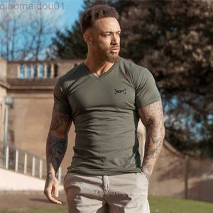 Heren T-shirts Zomer Heren casual mode all-match T-shirts Katoen V-hals bedrukt Korte mouw Bodybuilding fitness tops bestseller L230713