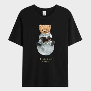 Camisetas para hombres Summer Mens Camiseta Espacio Bear en la luna Camiseta impresa Camiseta de ranura corta Camiseta de gran tamaño Men Camisa J240426