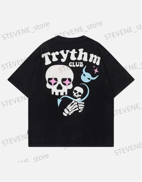 T-shirts hommes été nouveau graffiti lettre crâne imprimé t-shirt mâle harajuku haut strt décontracté col rond tendance couple haut lâche ins T240325