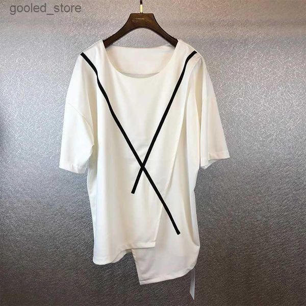 Camisetas para hombres Verano Nueva línea de estilo Harajuku Costura suelta Camiseta de manga corta Diseñador falso Dos dobladillo irregular Moda T Hombres Q240316