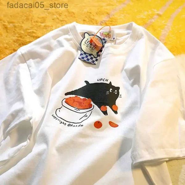 Camisetas para hombres Verano Nuevo Japonés Retro Moda Pequeño Gato Negro Imprimir Pareja de media manga Tops para hombres y mujeres Diseño suelto Marea Goth Y2K Q240131