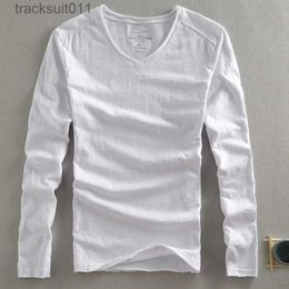 T-shirts hommes été nouveau long sle t-shirt pour hommes solide blanc pur coton v-cou de haute qualité classique t-shirts de base L231208