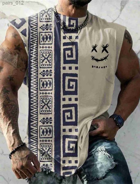 Camisetas para hombres Summer NUEVO Camiseta de camiseta de camiseta de la camiseta de la camiseta de hombre Tribal Tribal Round Neck Fitness Sports Retro Sleeveless Ettnic Top YQ240415