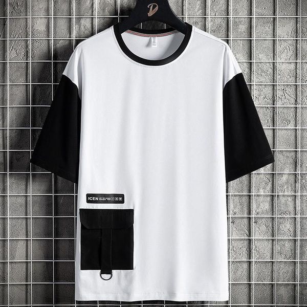 Camisetas de verano para hombre, ropa informal estilo Hip Hop de gran tamaño para hombre, camiseta de algodón de retazos en blanco y negro, camisetas Harajuku con bolsillos grandes para hombre, camisetas 8XL