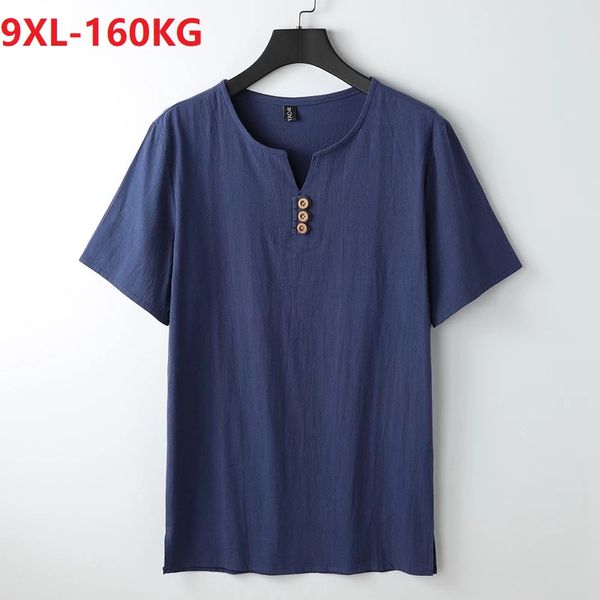 T-shirts pour hommes été grande taille 7XL 8XL 9XL Style chinois à manches courtes t-shirt hommes lin Vintage t-shirts grand surdimensionné col en v 150KG BlueMen's