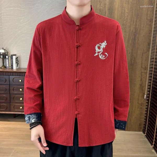 T-shirts pour hommes Produit d'été Broderie de mode à la mode chinois Style Standing Coule à manches longues pour hommes