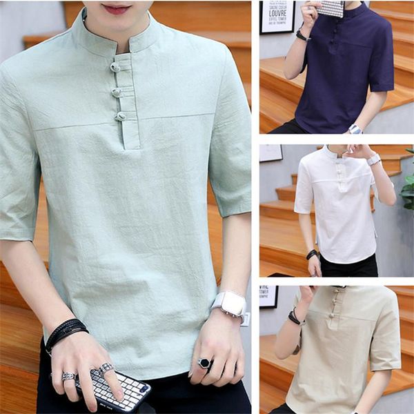 T-shirts pour hommes Été Rétro Style chinois Coton Lin T-shirt à manches courtes Jeunesse Quotidienne avec bouton de disque Col montant Casual