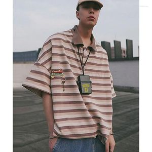 Camisetas para hombre, camiseta de gran tamaño de Hip-hop con solapa Retro de verano, POLO a rayas, manga corta, marea holgada, marca de manga de cinco cuartos para hombre