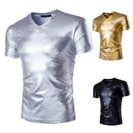 Мужские футболки, летняя блестящая футболка, мужская яркая футболка с v-образным вырезом для ночного клуба, сексуальная повседневная серебряная футболка с короткими рукавами для мальчиков, большие размеры Xxxl 4xl