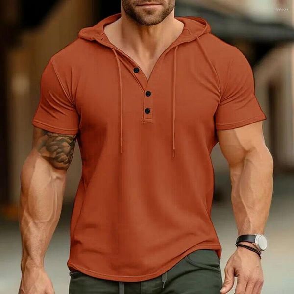 Camisetas para Hombre Camisa De Verano con Botones y Capucha con Cordón Manga Corta Slim Fit Jersey Color Sólido Casual Top Deportivo