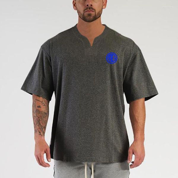 T-shirts pour hommes été à manches courtes décontracté Sport coton respirant vêtements hommes musculation Fitness surdimensionné col en v imprimé T-Shirt