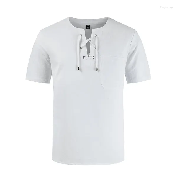 T-shirts pour hommes Chemise à manches courtes d'été Hommes Vintage Cordon de serrage Col V Casual Tops Tees Hommes Coton Lin Couleur Solide Mode T-shirt Homme
