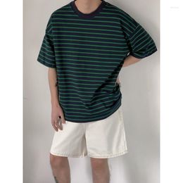 Heren t shirts zomer korte mouw t-shirt mannen mode oversized groene t-shirt streetwear Korean losse gestreepte shirt heren top m-2xl