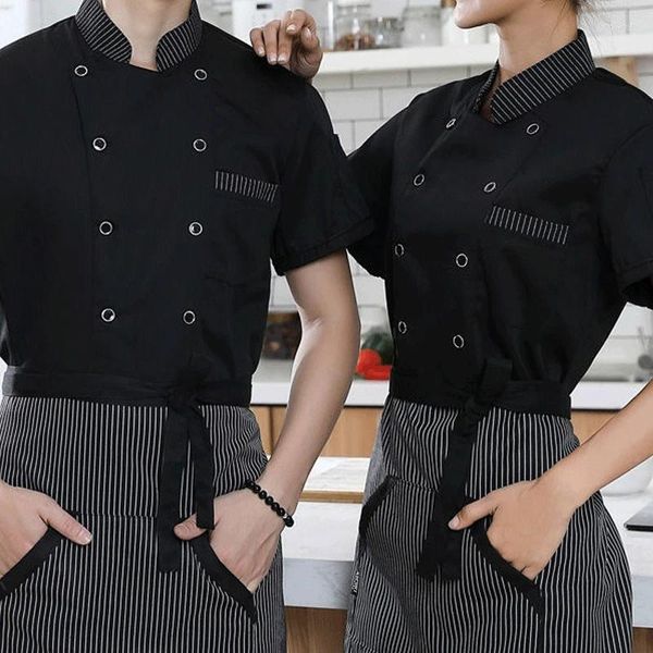 Camisetas para hombres Ropa de trabajo de chefs de manga corta de verano Estampado a rayas Botón de costura Bolsillo Color sólido Vestido profesional para viajeros