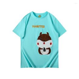 Heren t shirts zomer korte mouwen katoenen t-shirt casual losse zachte hamster borduurwerk cartoon o-neck paar reisblouse groot formaat groot formaat