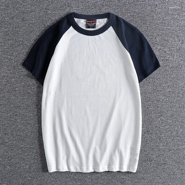 T-shirt d'été à manches courtes pour hommes, coutures rétro, couleur contrastée, confortable, col rond, coton lavé, Raglan, pull pour jeunes